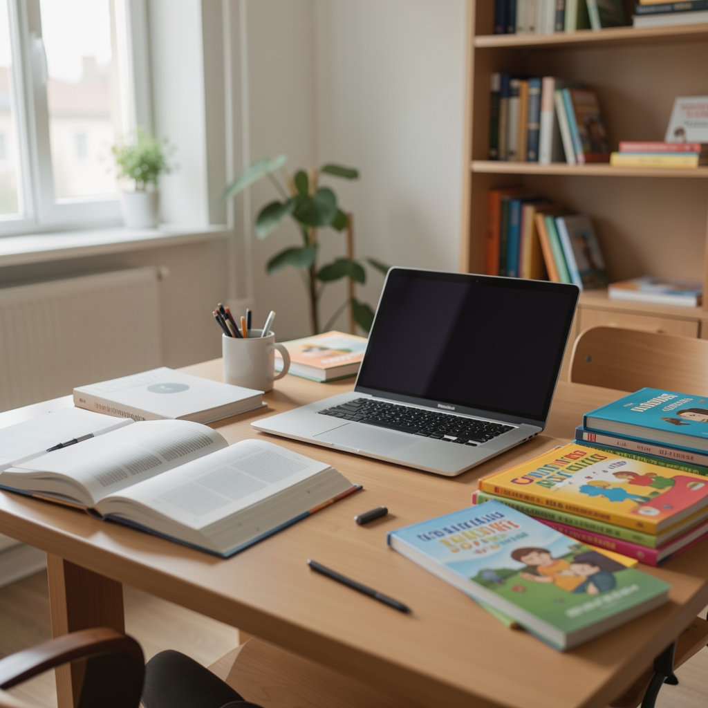 Birou de studiu cu cărți deschise, laptop și materiale educaționale fără persoane
