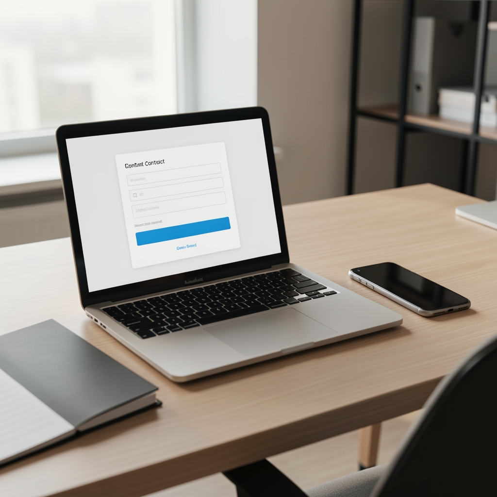 Laptop cu formular de contact și agendă lângă telefon pe un birou modern fără persoane