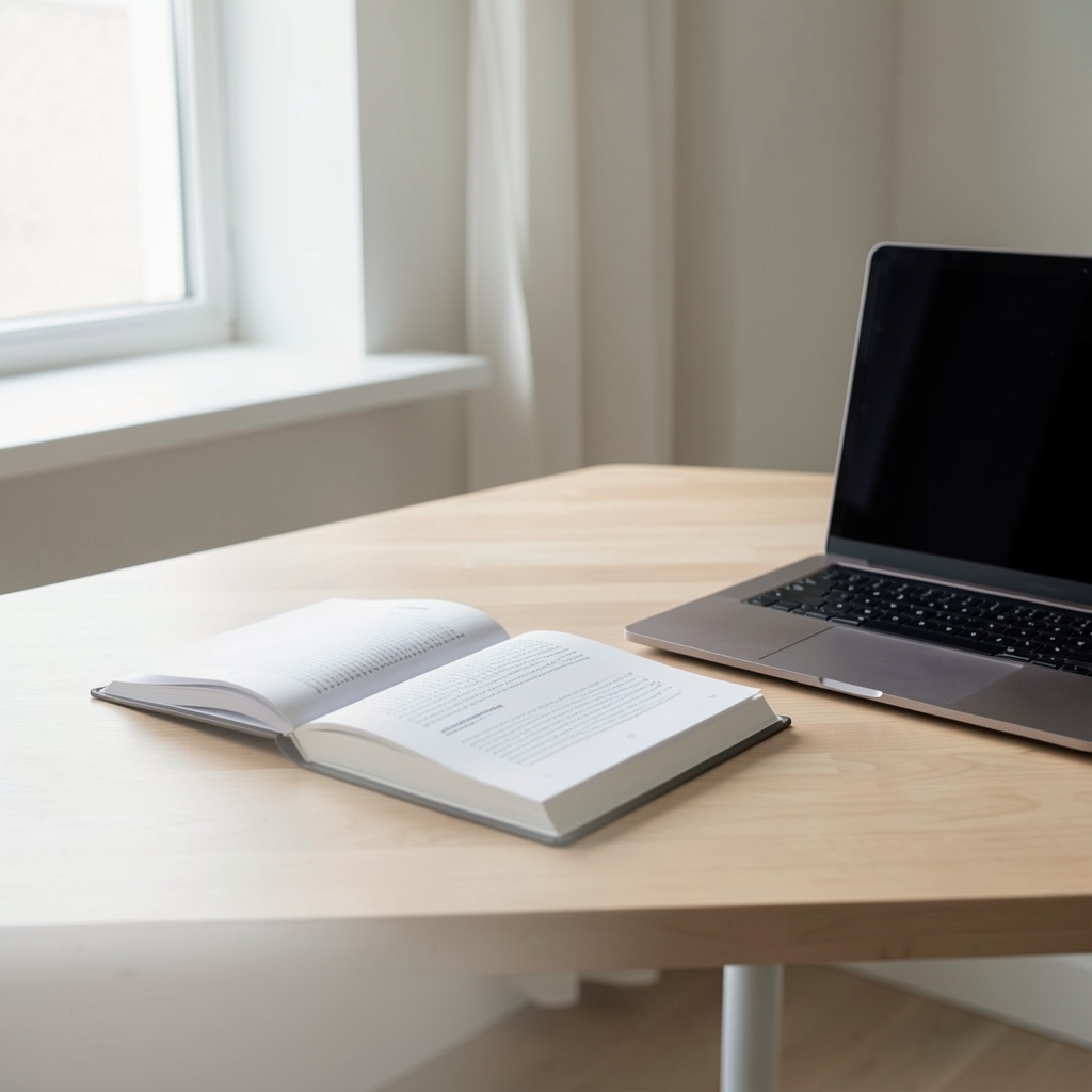 Caiet cu structură de prezentare și laptop pe birou minimalist