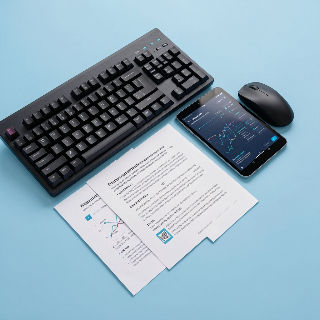 Tastatură, mouse, tabletă și foi cu fluxuri digitale pe suprafață albastră
