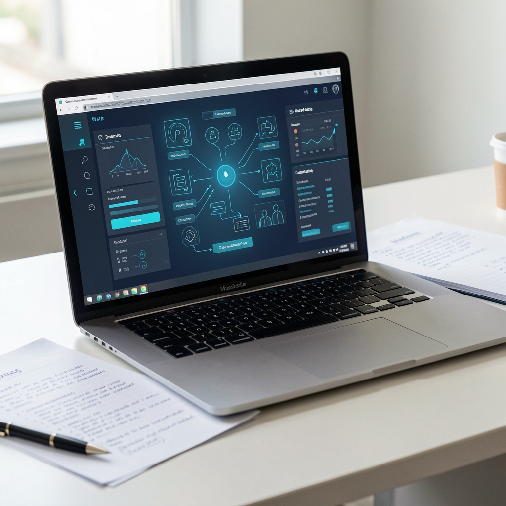 Laptop cu interfață abstractă de instrumente digitale și notițe tehnice pe birou curat