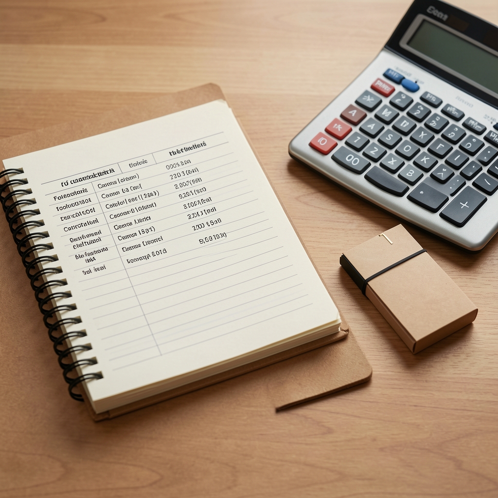 Foi cu categorii de cheltuieli, calculator și pix lângă o agendă simplă