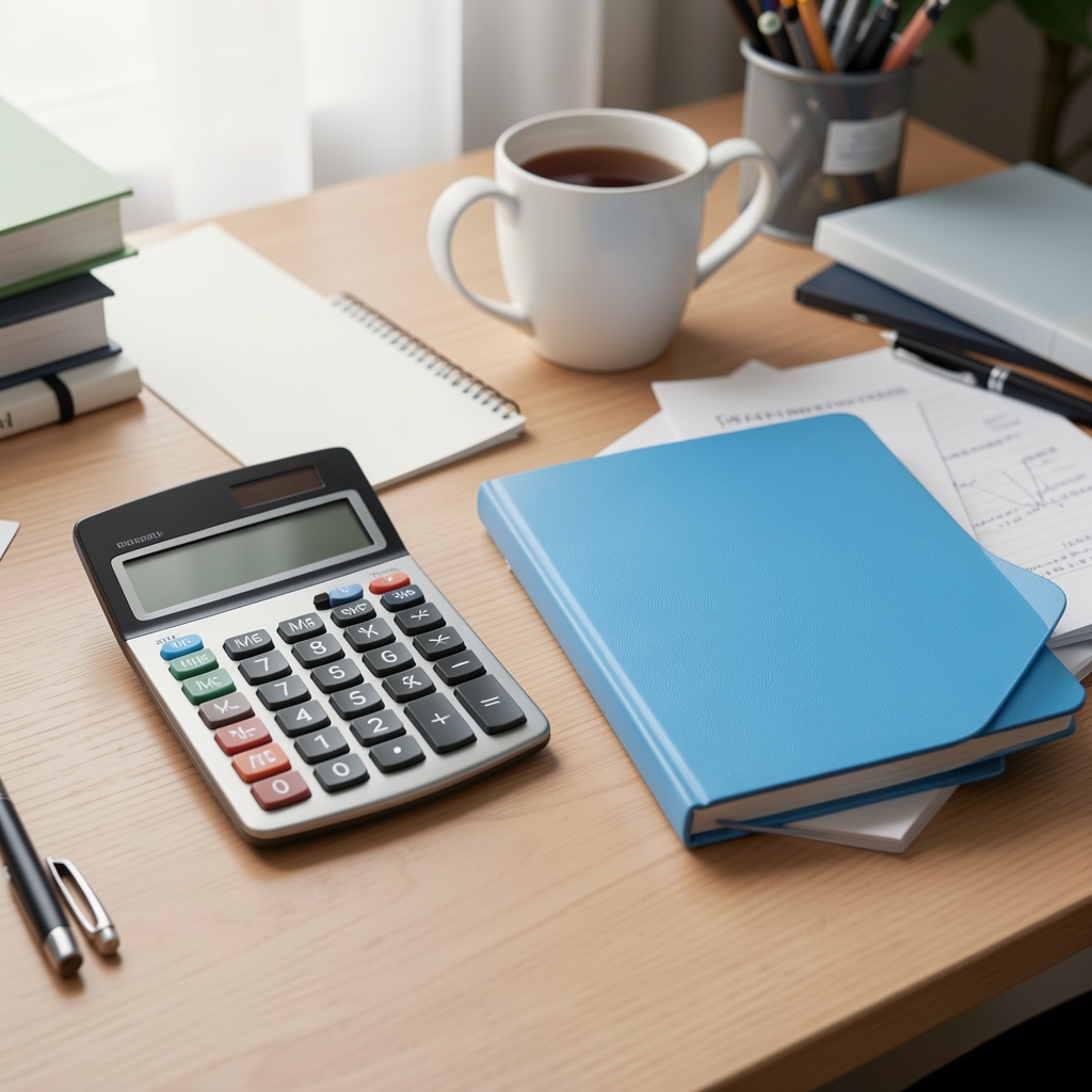 Calculator, foi cu grafice de buget și agendă albastră pe un birou ordonat