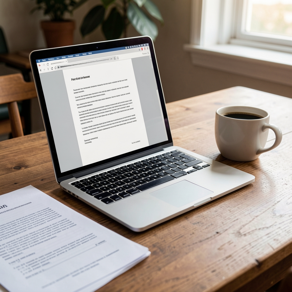Documente PDF afișate pe laptop lângă foi de lucru și o cană de cafea fără persoane