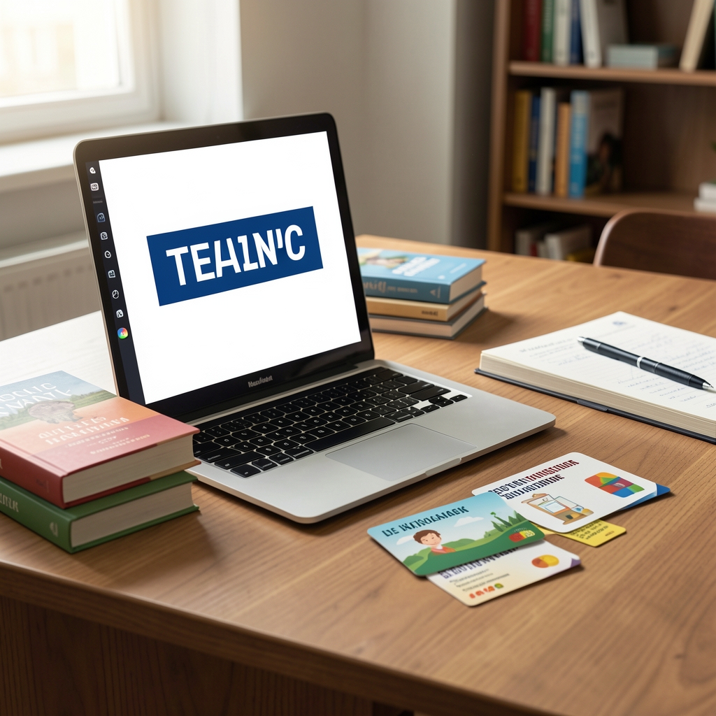 Teanc de cărți, laptop și carduri cu planuri de învățare pe birou