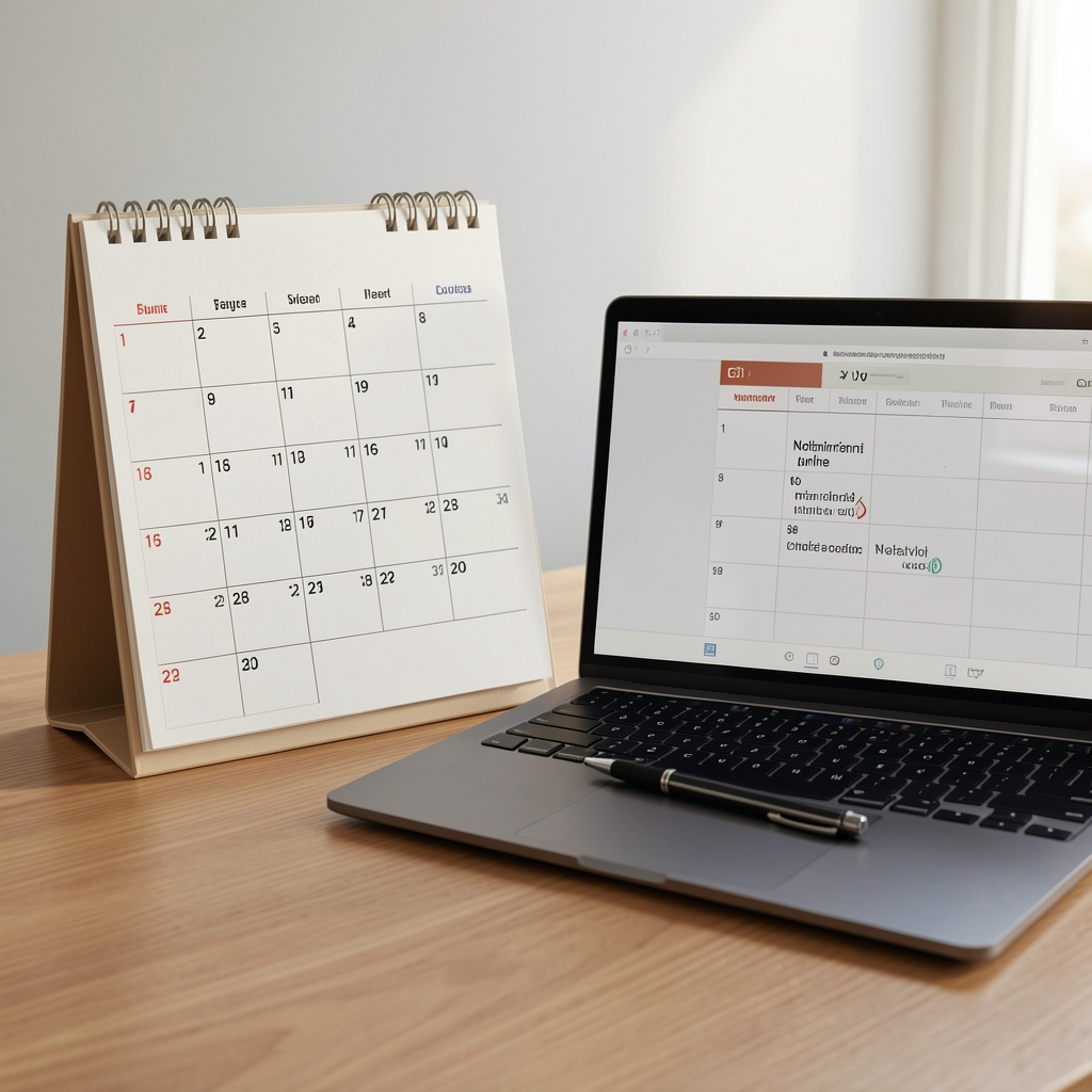 Calendar de birou cu date marcate și laptop pentru notarea întâlnirilor online