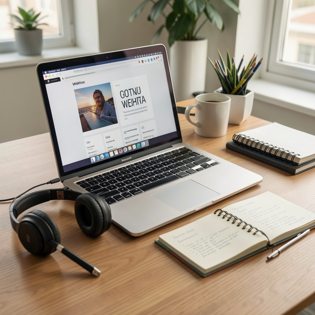 Laptop cu agendă de webinar, căști și notițe așezate pe un birou fără persoane